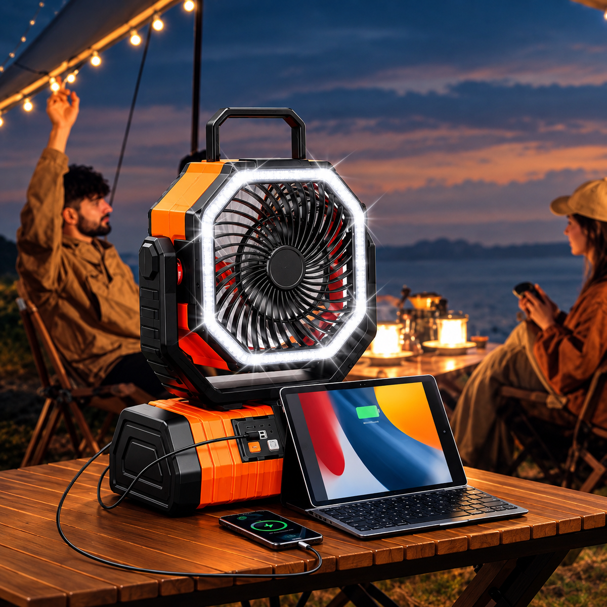 Ventilateur Sans Fil 20 000 mAh – Lumière LED & Télécommande